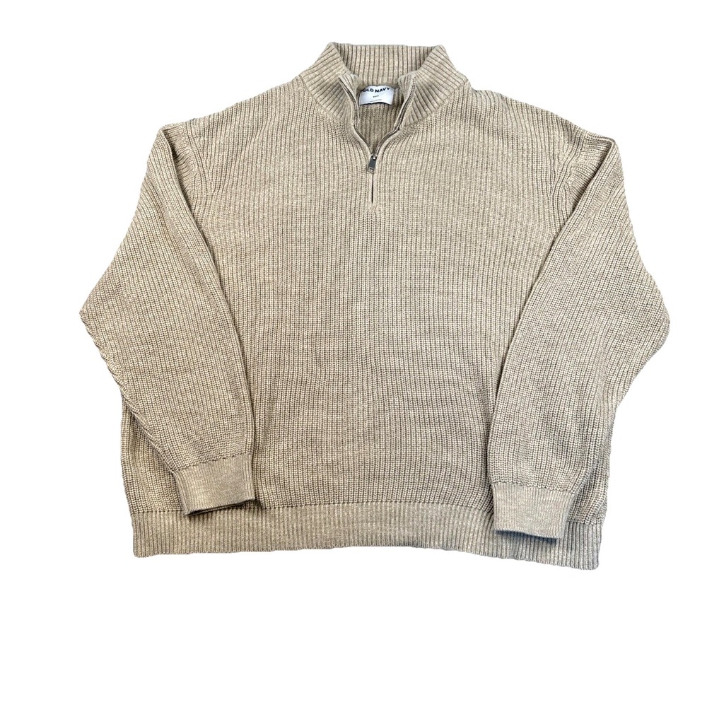 Old Navy Quarter Zip Knit Sweater Mens XXXL Beige Cotton Mock Neck Long Sleeve - Picture 1 of 8